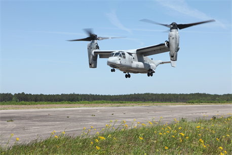 Marines with Marine Medium Tiltrotor Training Squadron 204 land an MV-22B Osprey during flight training, May 3. VMMT-204 is responsible for training all Marine MV-22B Osprey pilots and crew chiefs. During this flight, the instructors guided the students through multiple scenarios including aerial maneuvers and confined area landings. 