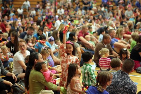 Kids and families from Marine Corps Air Station New River went to see the USO performance of Sesame Street Live at the air station fitness center, April 28. The show featured Muppets singing and dancing as well as discussing subjects relating to military families.
