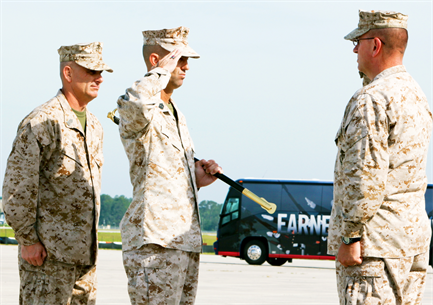 Sgt. Maj. Williams F. Squires, former Marine Corps Air Station New River sergeant major, salutes Col. Jeffrey M. Hewlett, air station commanding officer, before passing off the Sword of Office to the oncoming sergeant major, Sgt. Maj. Robert A. Allen, Jr., May 4. Squires retired after 30 years of honorable service and received the Legion of Merit from President Barack Obama for his exceptionally meritorious conduct in the performance of outstanding service.